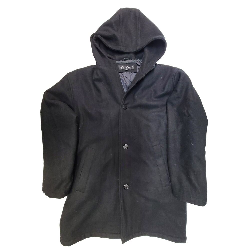 Perry Ellis Portfolio Men's Black Wool Blend Hooded Car Coat Jacket Large 35”